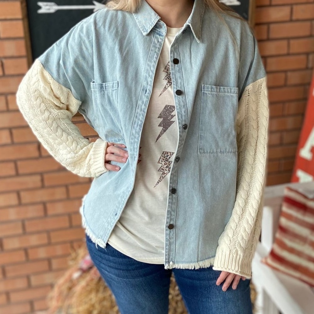 Denim Shacket with Knit Sweater Sleeves